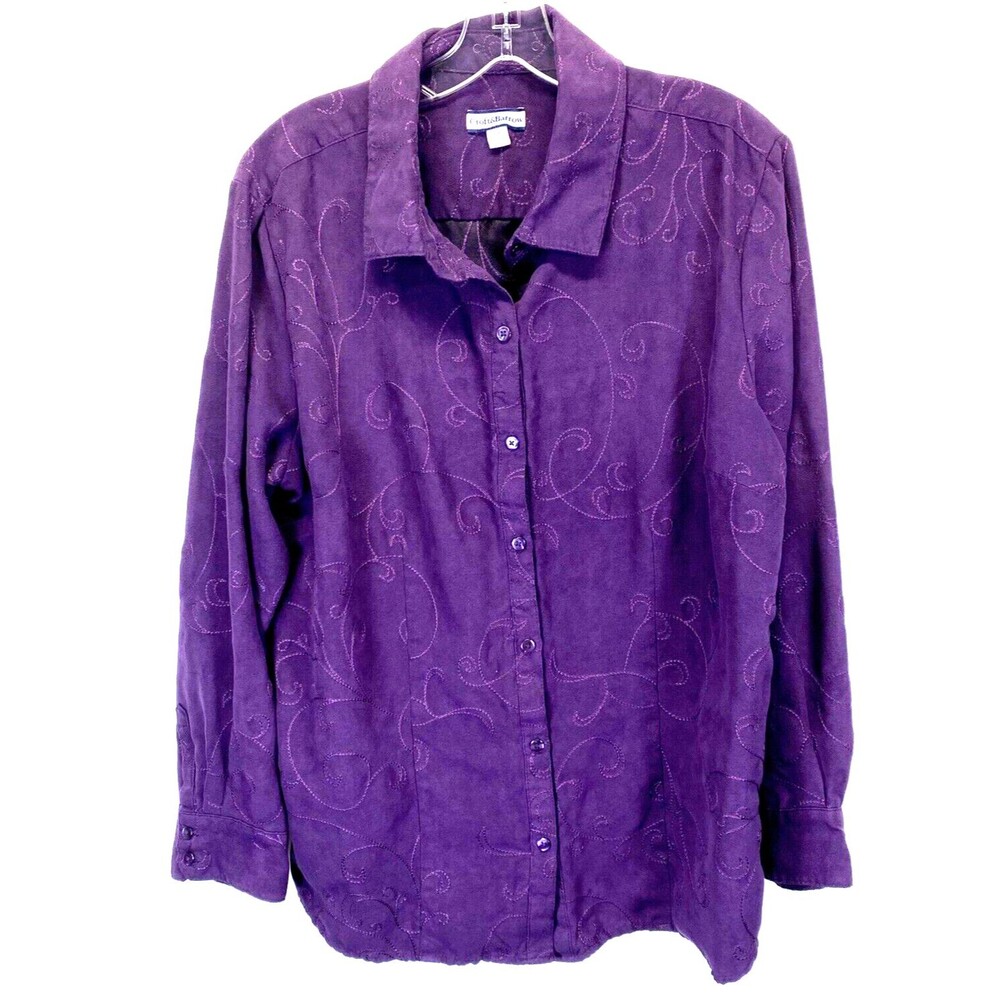 CROFT & BARROW WOMEN'S BLOUSE/SHIRT SIZE XL EMBROIDERED BUTTON-UP FAUX SUEDE